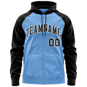 Custom Stitched Light Blue Black-White Raglan Sleeves Sports Full-Zip Sweatshirt Hoodie