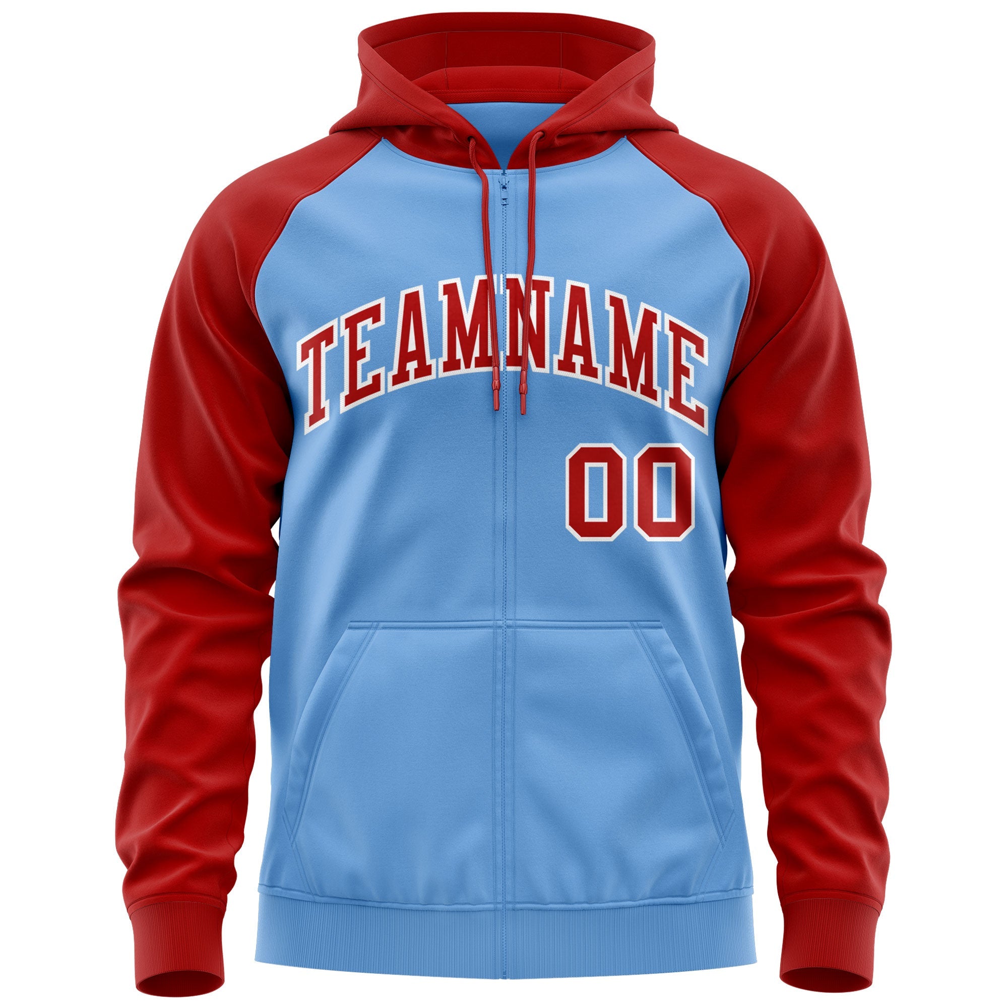 Custom Stitched Light Blue Red-White Raglan Sleeves Sports Full-Zip Sweatshirt Hoodie