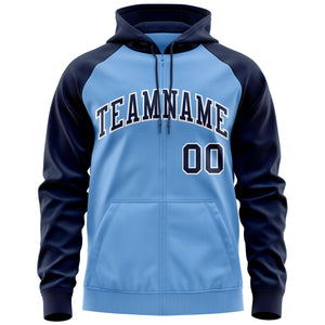 Custom Stitched Light Blue Navy-White Raglan Sleeves Sports Full-Zip Sweatshirt Hoodie