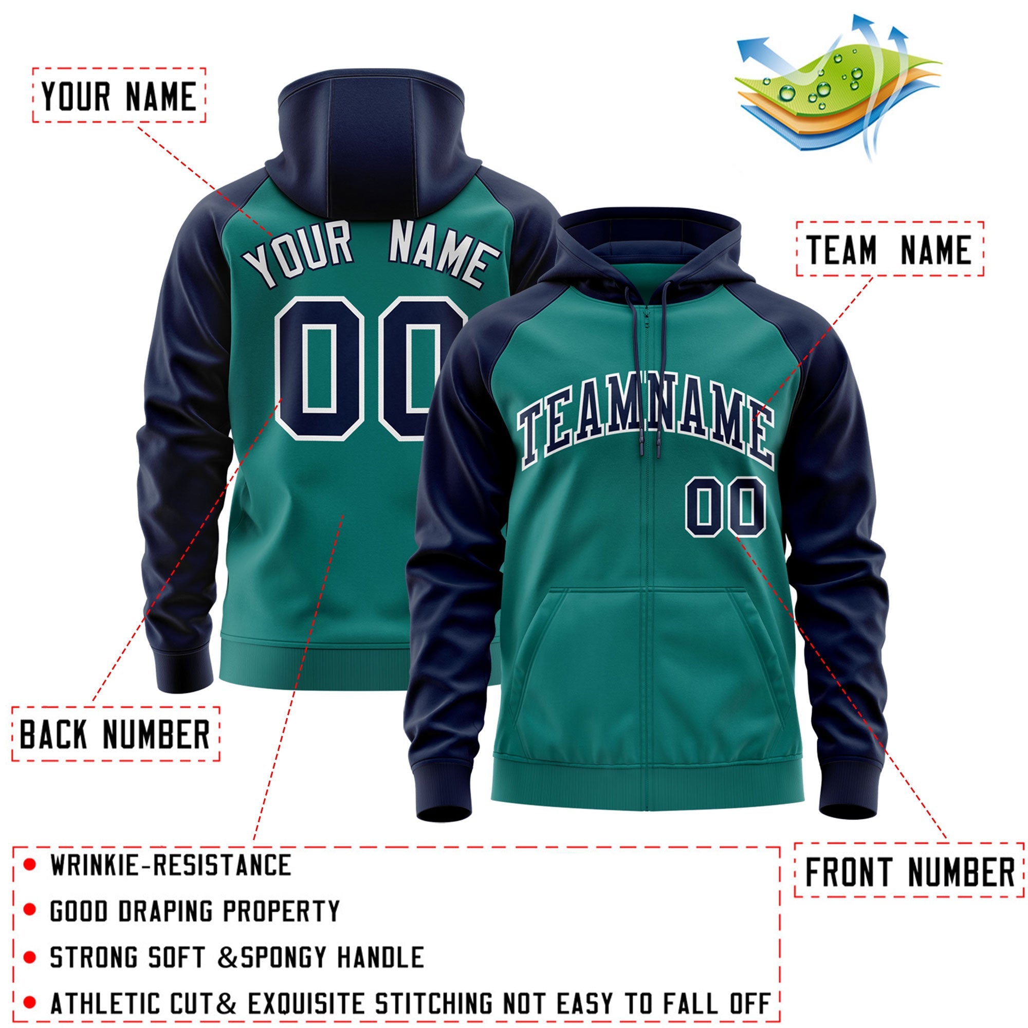 Custom Stitched Aqua Navy-White Raglan Sleeves Sports Full-Zip Sweatshirt Hoodie