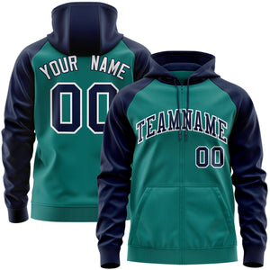 Custom Stitched Aqua Navy-White Raglan Sleeves Sports Full-Zip Sweatshirt Hoodie