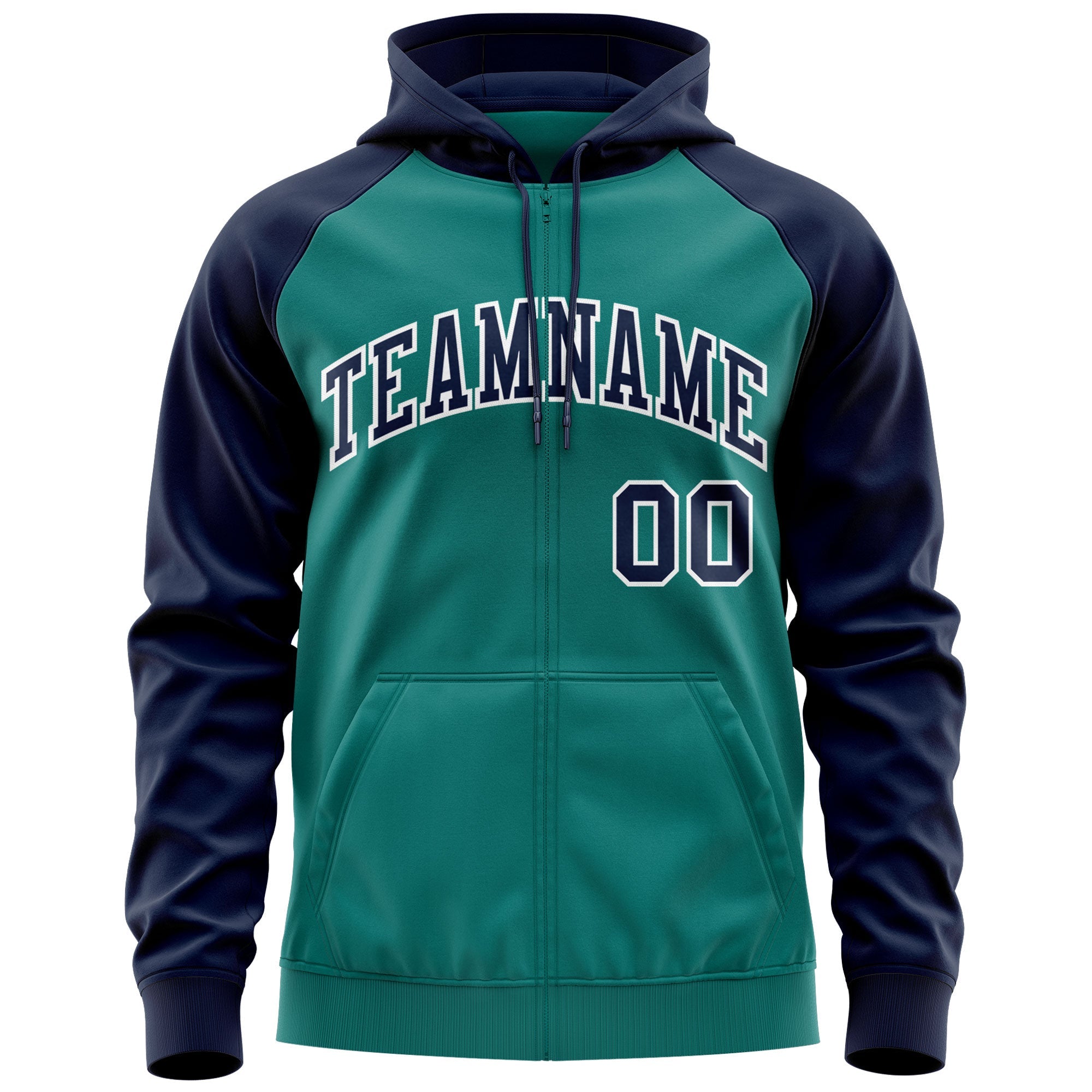 Custom Stitched Aqua Navy-White Raglan Sleeves Sports Full-Zip Sweatshirt Hoodie