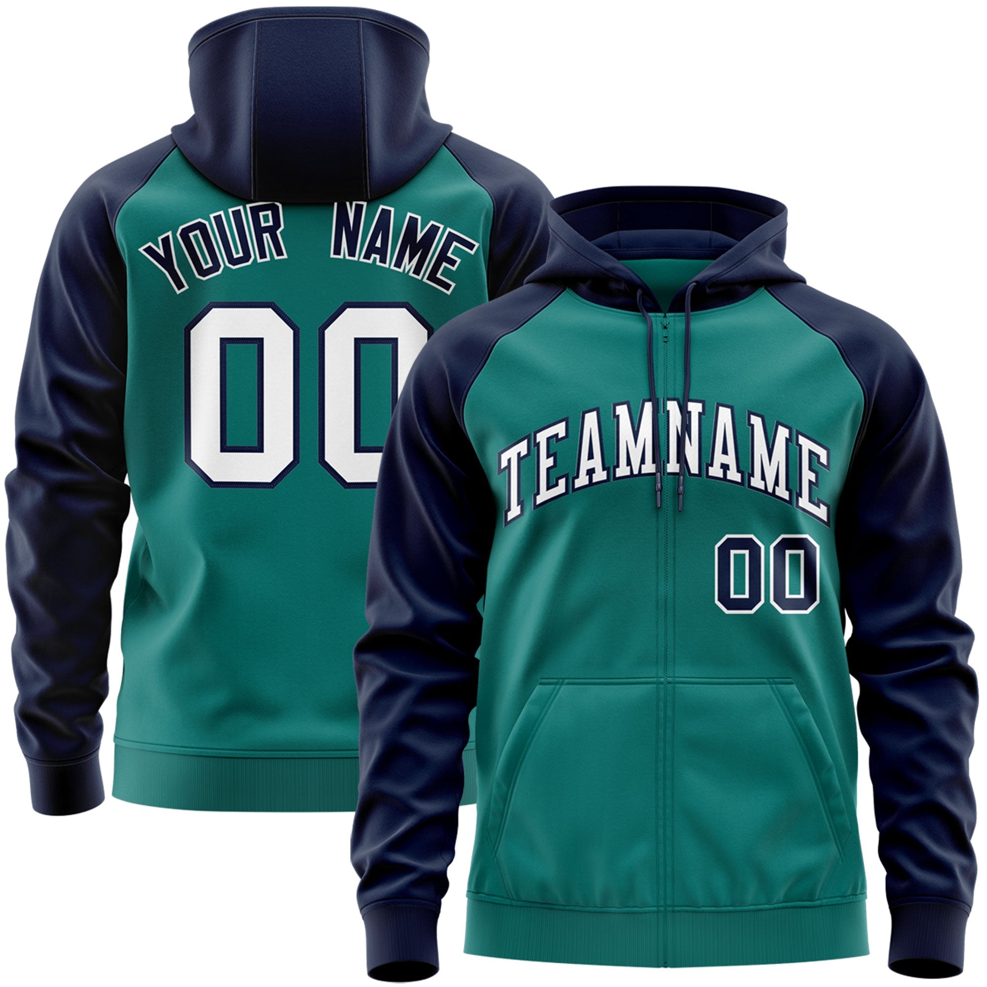 Custom Stitched Aqua White-Navy Raglan Sleeves Sports Full-Zip Sweatshirt Hoodie