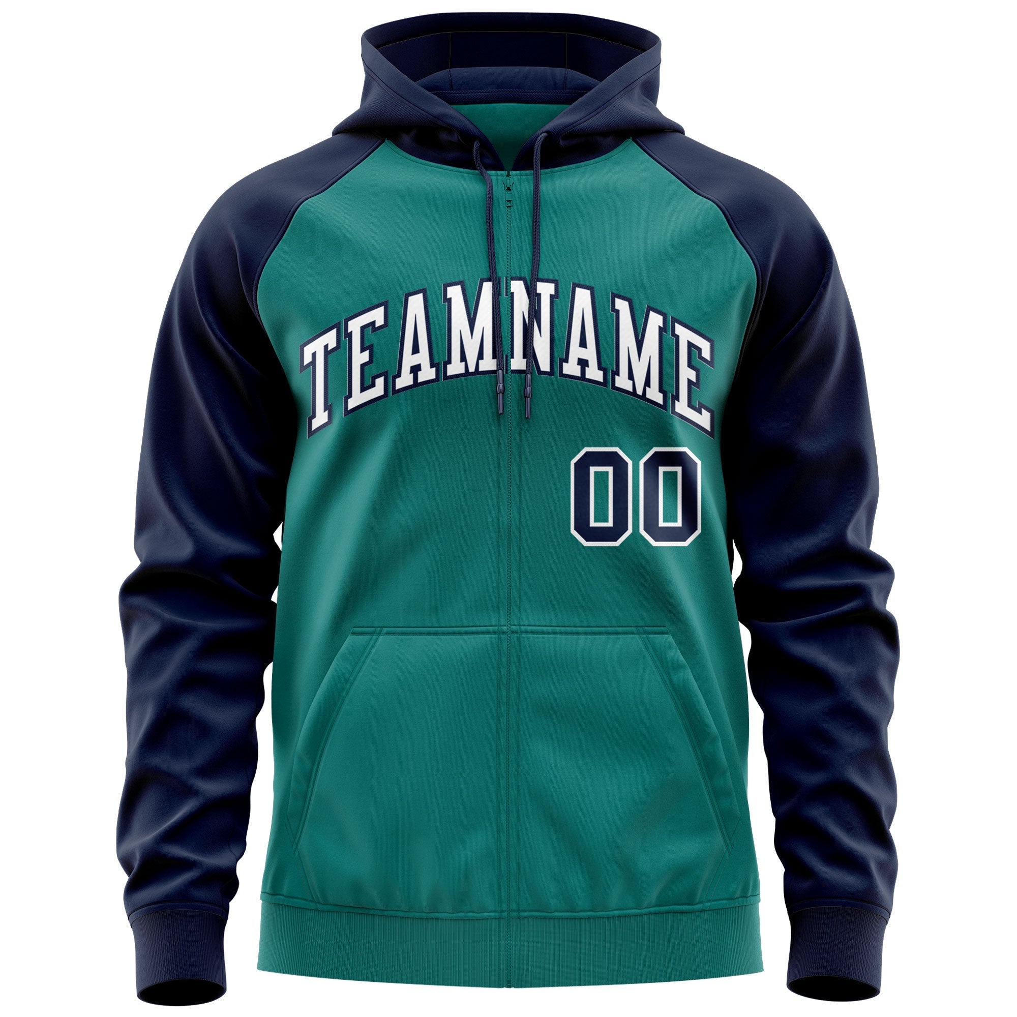 Custom Stitched Aqua White-Navy Raglan Sleeves Sports Full-Zip Sweatshirt Hoodie