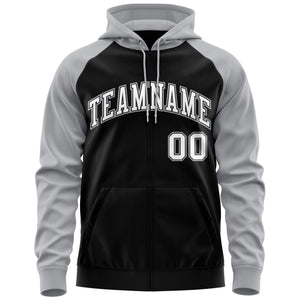 Custom Stitched Black White-Gray Raglan Sleeves Sports Full-Zip Sweatshirt Hoodie