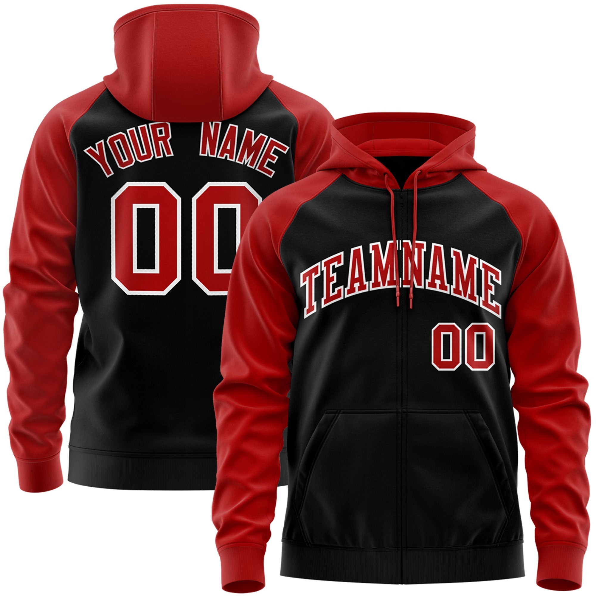 Custom Stitched Black Red-White Raglan Sleeves Sports Full-Zip Sweatshirt Hoodie