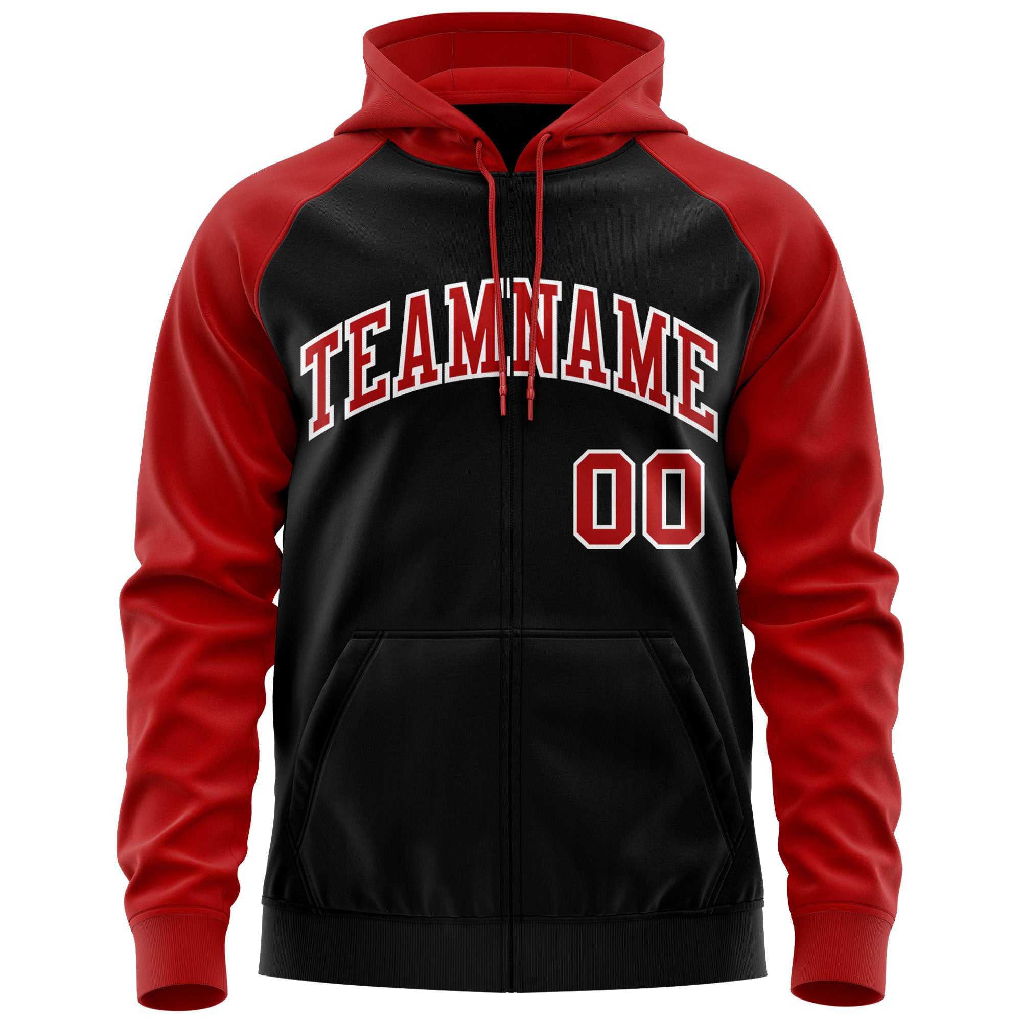 Custom Stitched Black Red-White Raglan Sleeves Sports Full-Zip Sweatshirt Hoodie