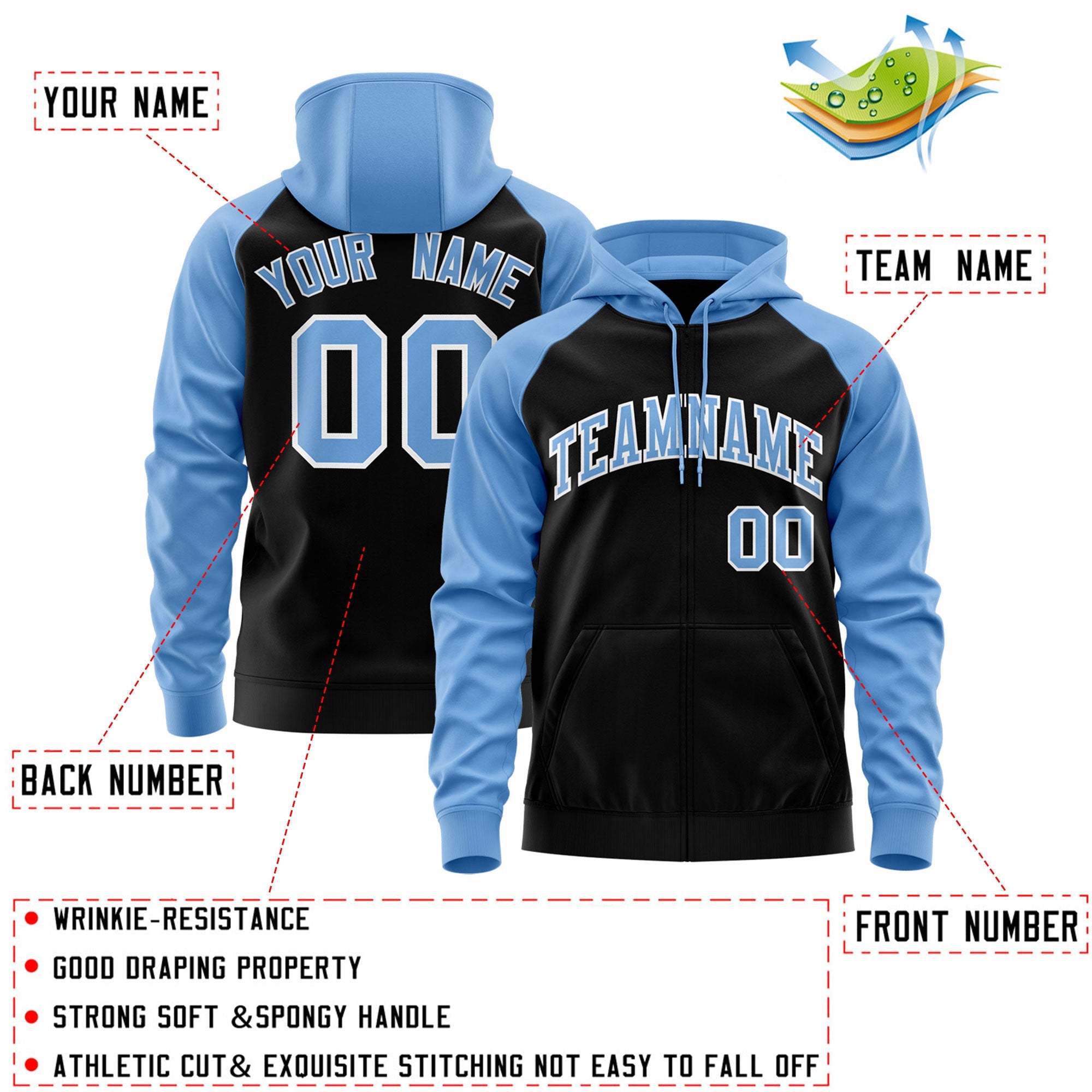 Custom Stitched Black Light Blue-White Raglan Sleeves Sports Full-Zip Sweatshirt Hoodie