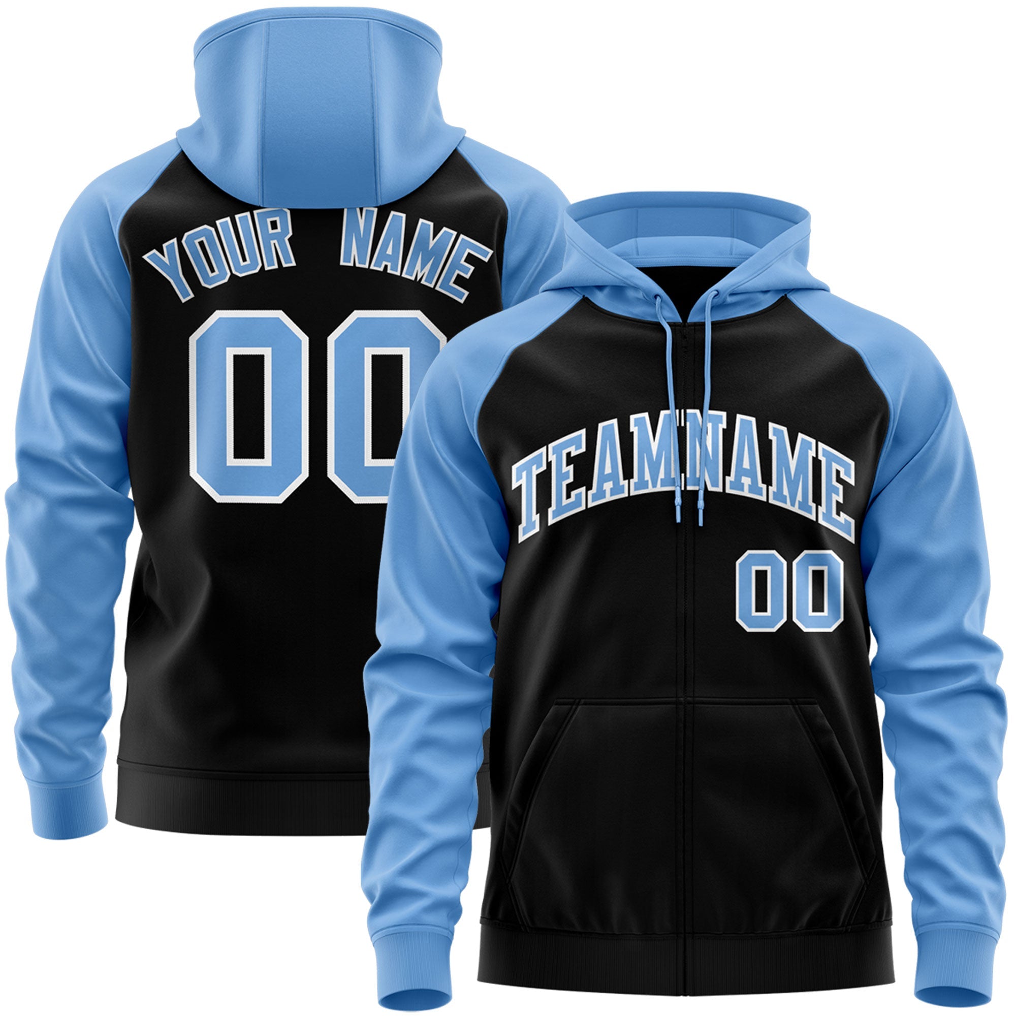 Custom Stitched Black Light Blue-White Raglan Sleeves Sports Full-Zip Sweatshirt Hoodie