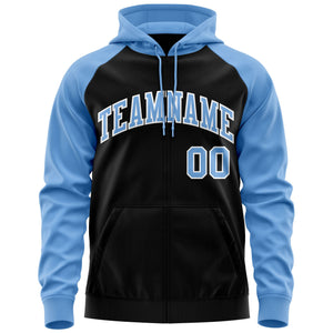 Custom Stitched Black Light Blue-White Raglan Sleeves Sports Full-Zip Sweatshirt Hoodie