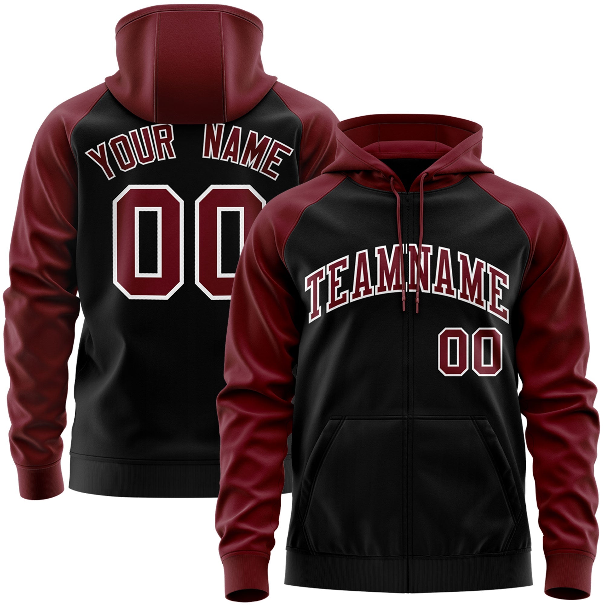 Custom Stitched Black Crimson-White Raglan Sleeves Sports Full-Zip Sweatshirt Hoodie