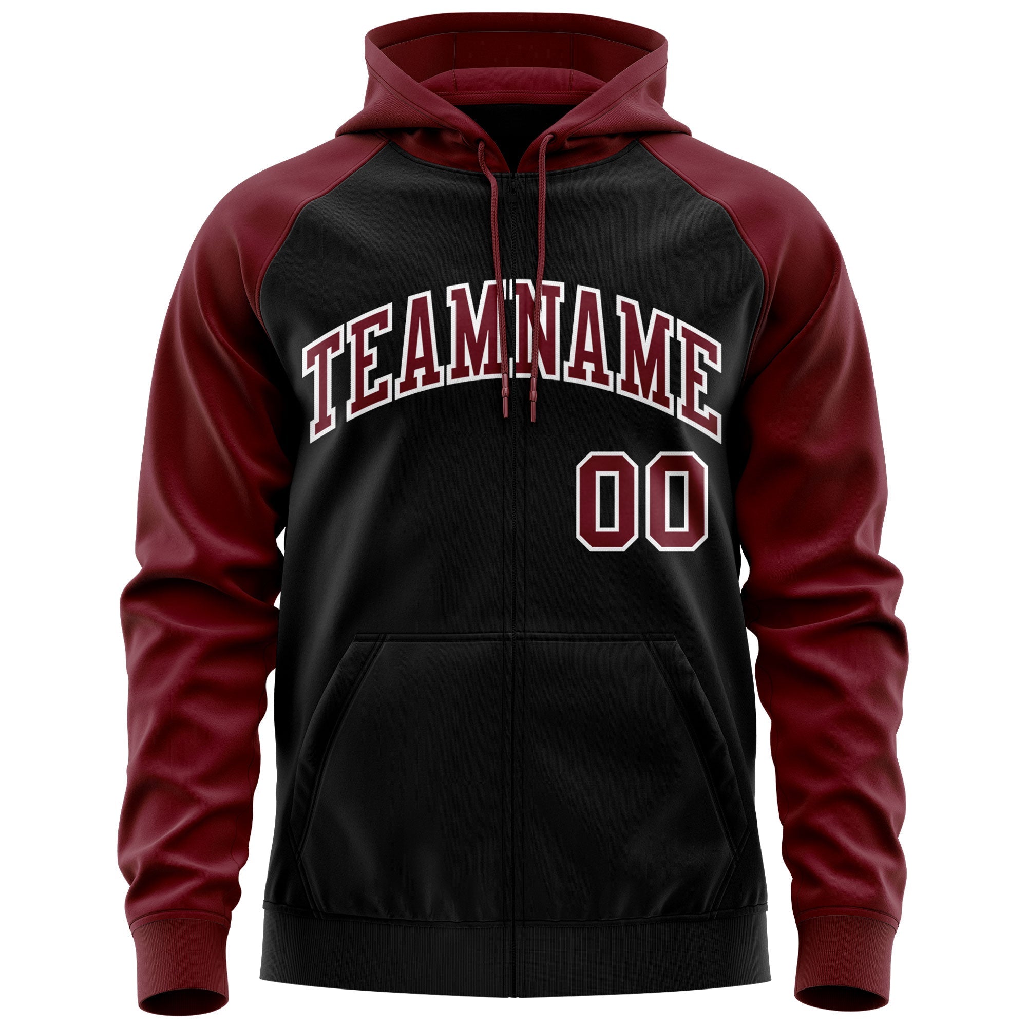 Custom Stitched Black Crimson-White Raglan Sleeves Sports Full-Zip Sweatshirt Hoodie