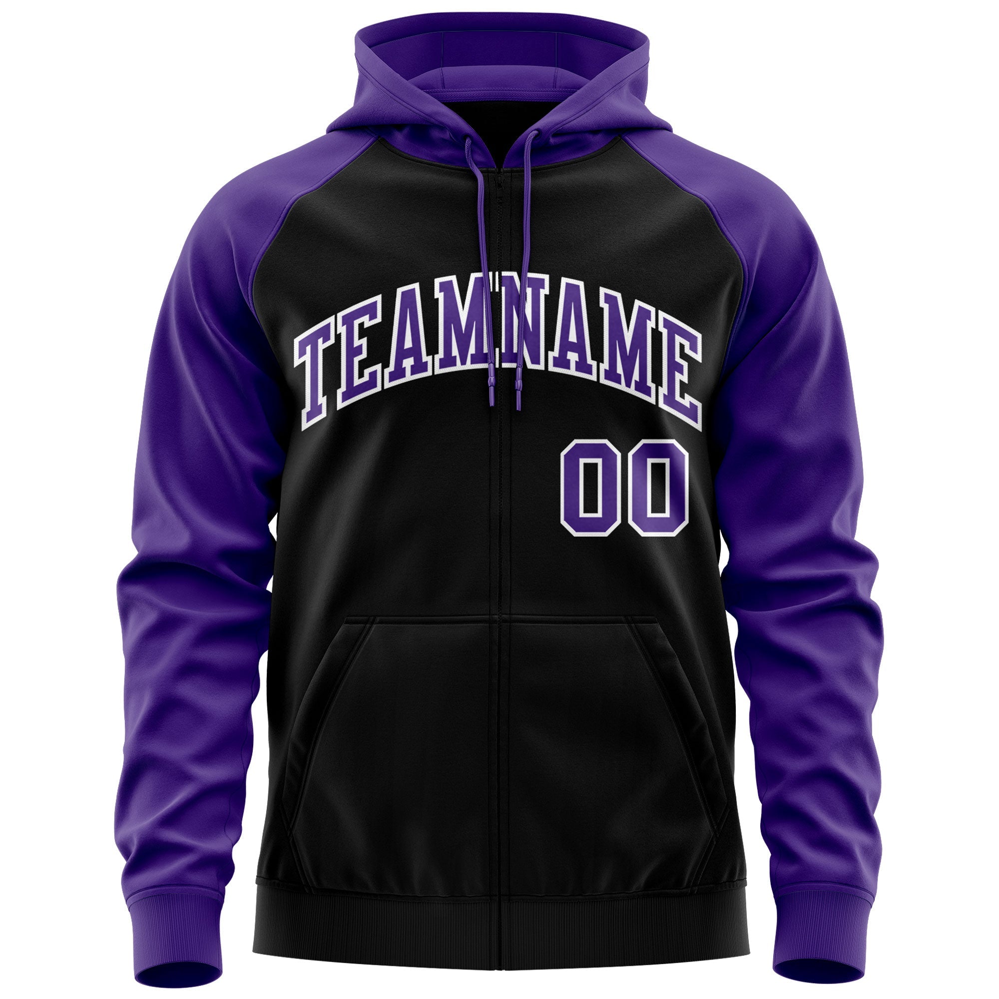 Custom Stitched Black Purple-White Raglan Sleeves Sports Full-Zip Sweatshirt Hoodie