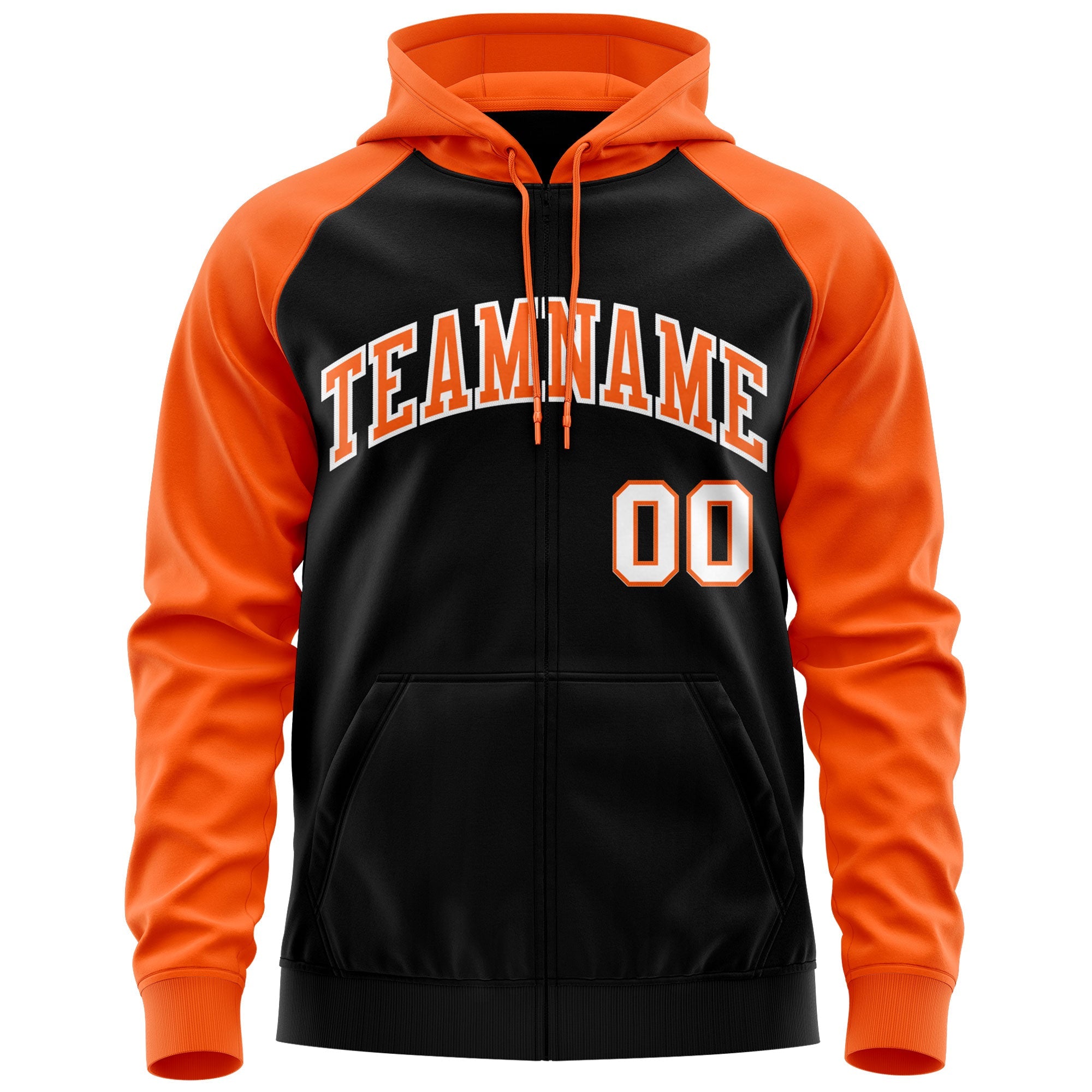 Custom Stitched Black Orange-White Raglan Sleeves Sports Full-Zip Sweatshirt Hoodie