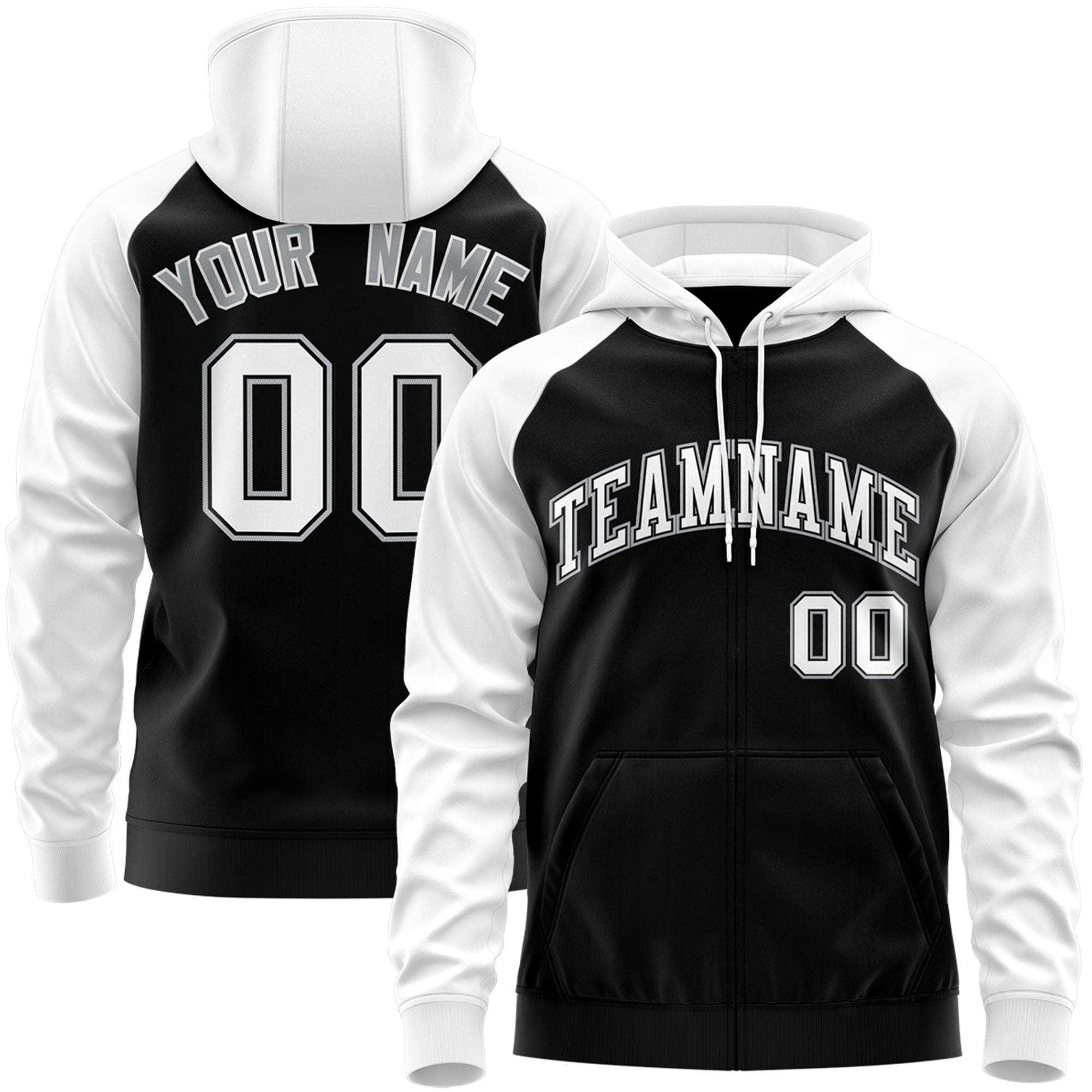 Custom Stitched Black White-Gray Raglan Sleeves Sports Full-Zip Sweatshirt Hoodie