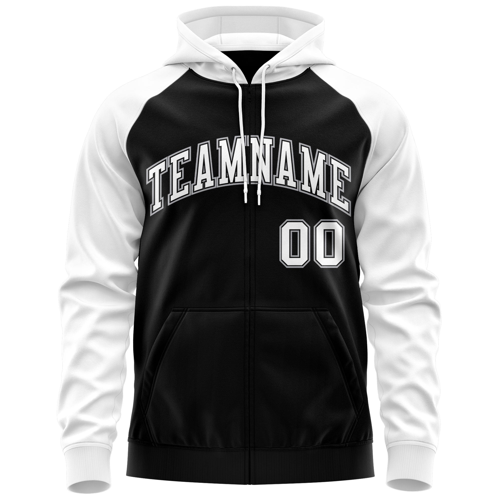 Custom Stitched Black White-Gray Raglan Sleeves Sports Full-Zip Sweatshirt Hoodie