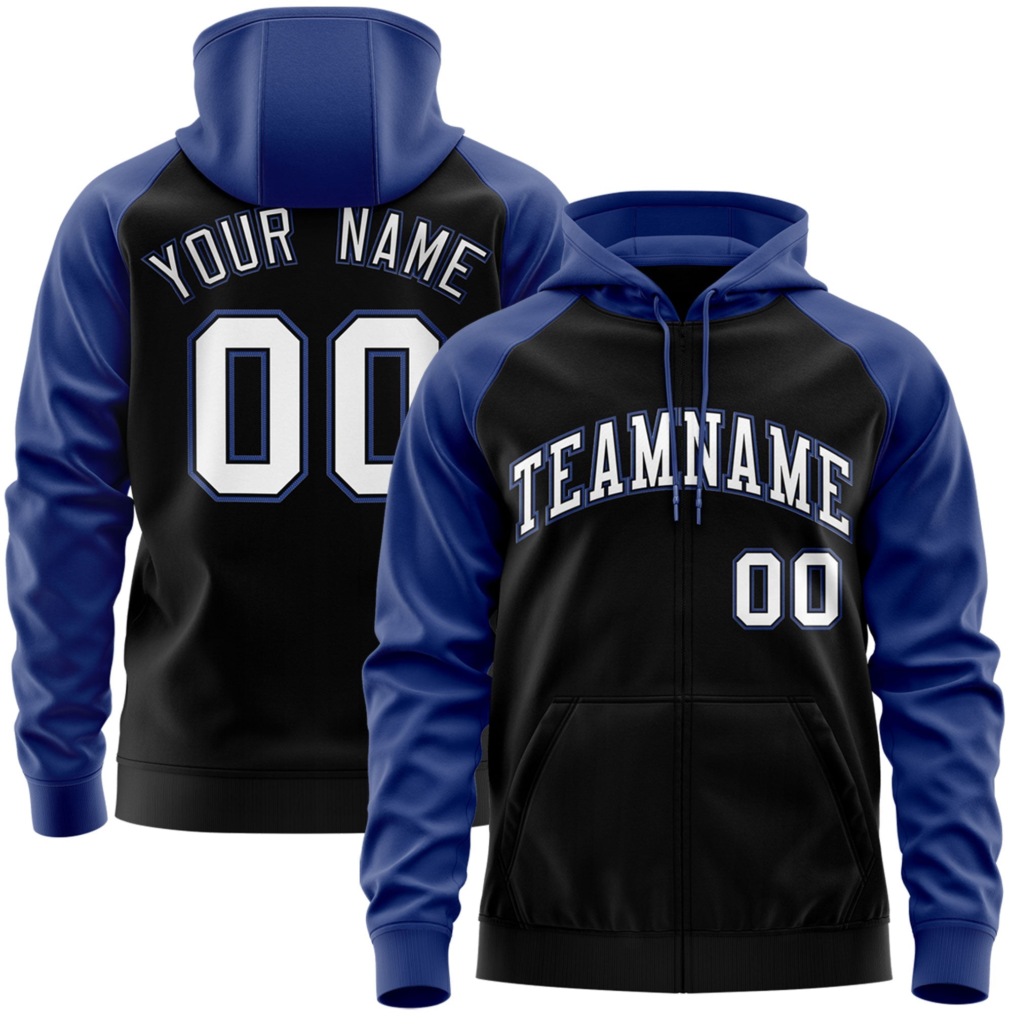 Custom Stitched Black White-Royal Raglan Sleeves Sports Full-Zip Sweatshirt Hoodie