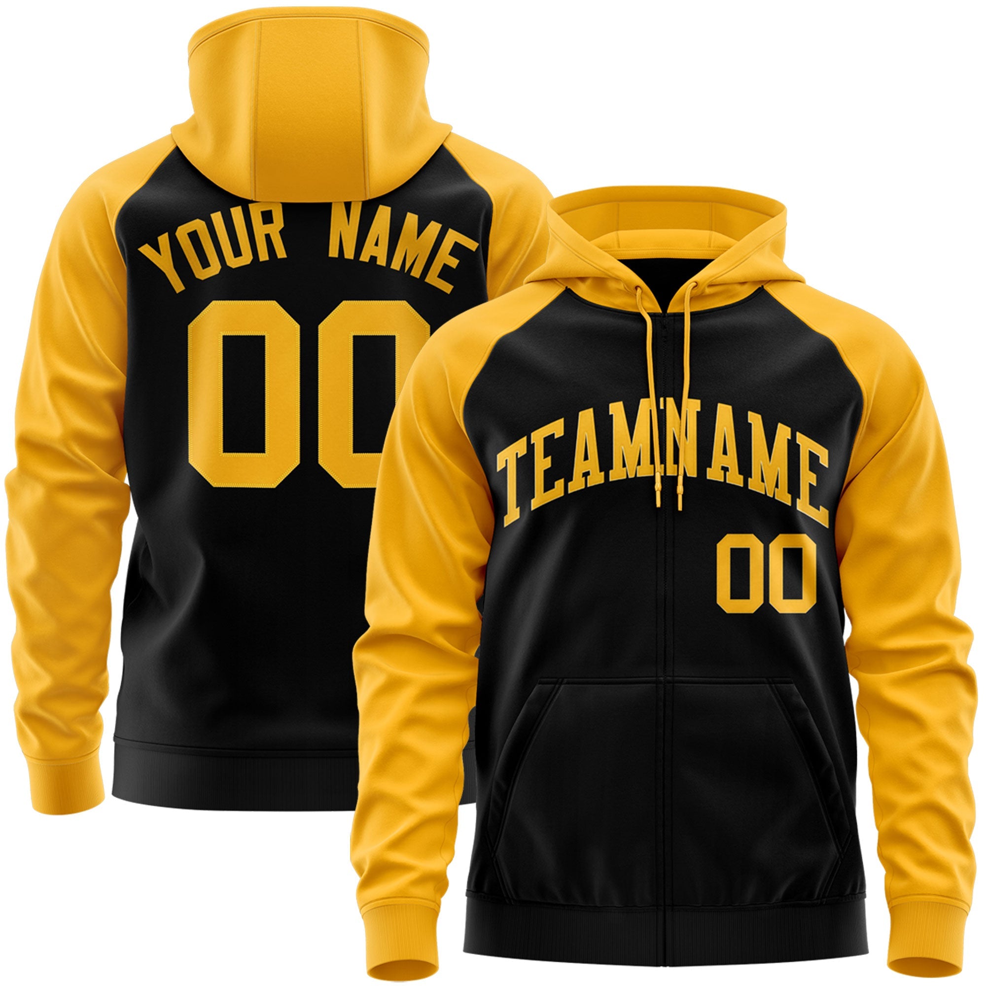 Custom Stitched Black Gold Raglan Sleeves Sports Full-Zip Sweatshirt Hoodie