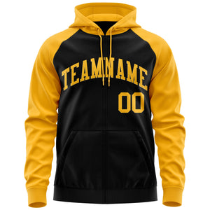 Custom Stitched Black Gold Raglan Sleeves Sports Full-Zip Sweatshirt Hoodie