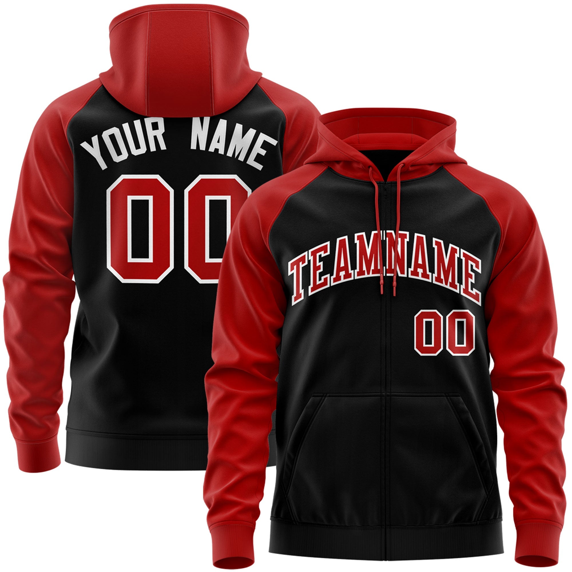 Custom Stitched Black Red-White Raglan Sleeves Sports Full-Zip Sweatshirt Hoodie