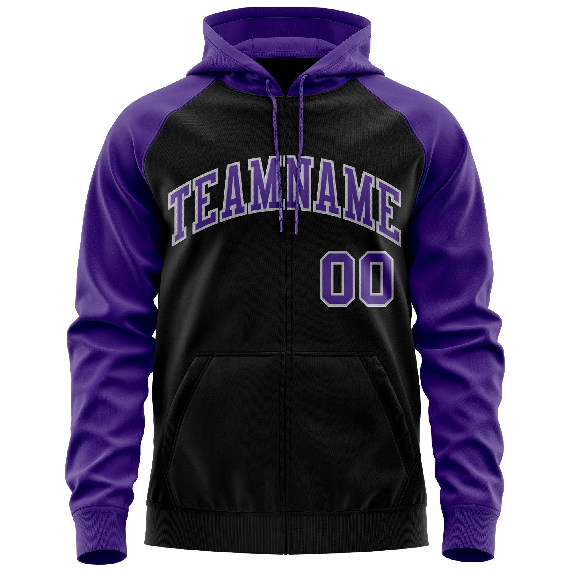 Custom Stitched Black Purple-Gray Raglan Sleeves Sports Full-Zip Sweatshirt Hoodie