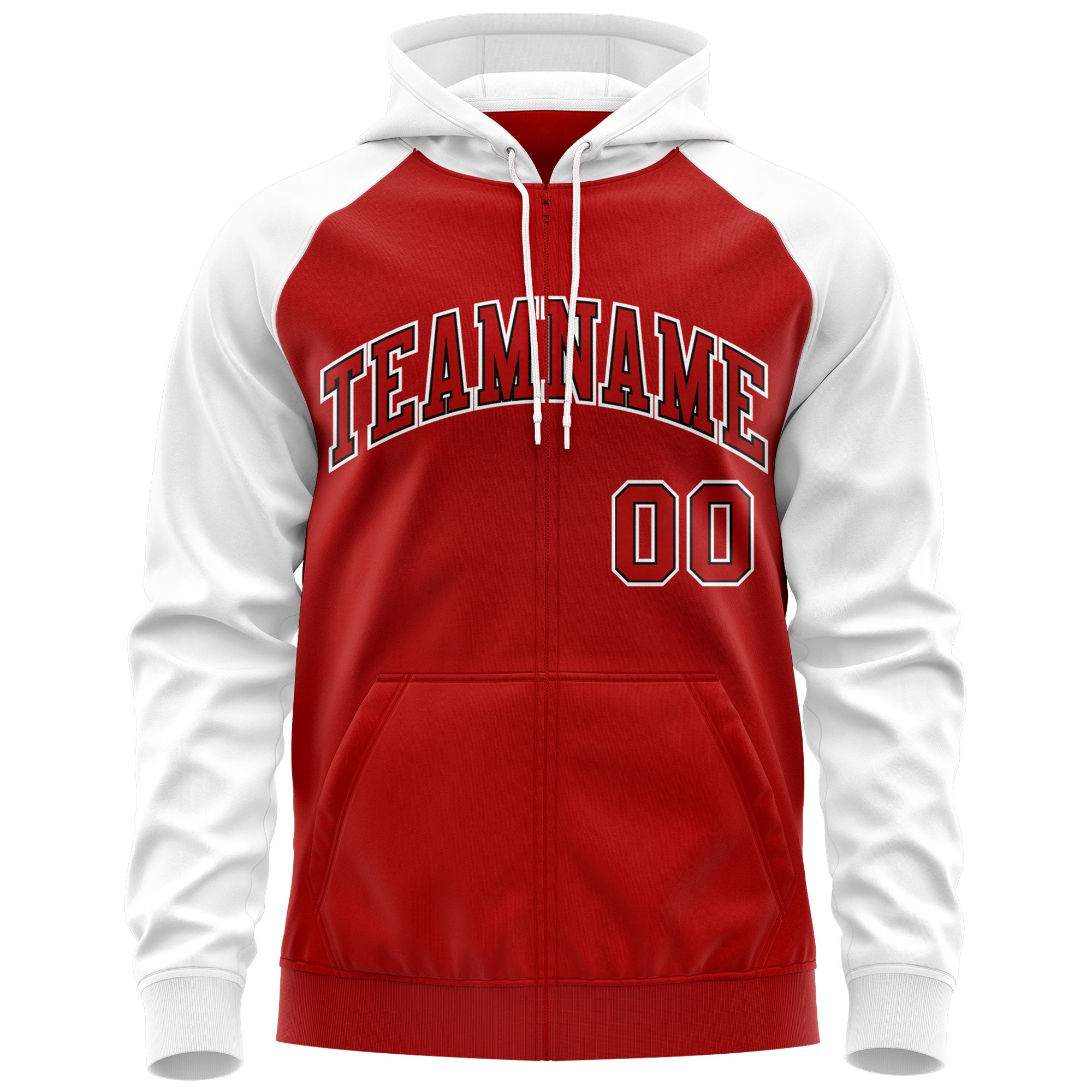 Custom Stitched Red Black-White Raglan Sleeves Sports Full-Zip Sweatshirt Hoodie