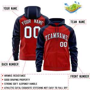 Custom Stitched Red White-Navy Raglan Sleeves Sports Full-Zip Sweatshirt Hoodie