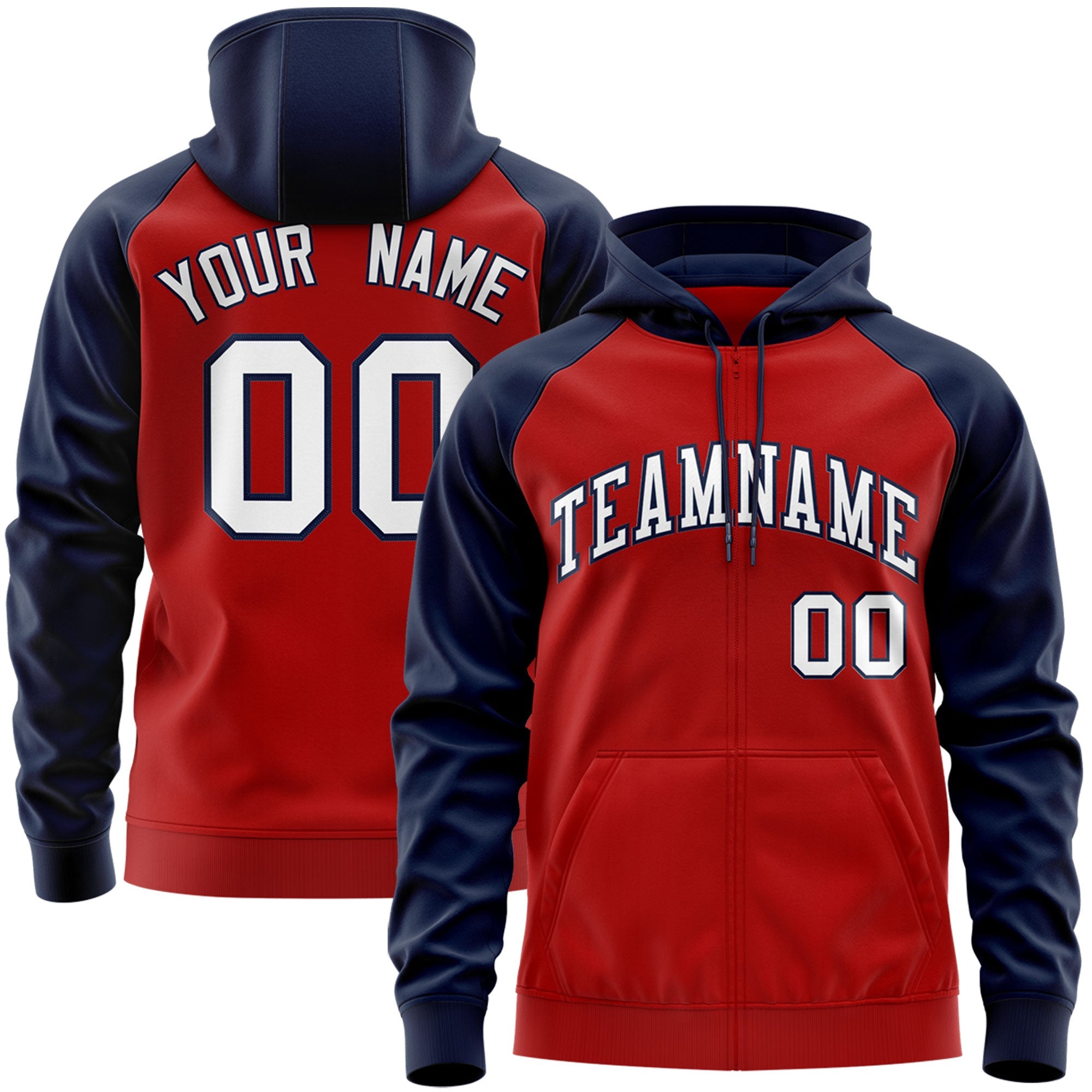 Custom Stitched Red White-Navy Raglan Sleeves Sports Full-Zip Sweatshirt Hoodie