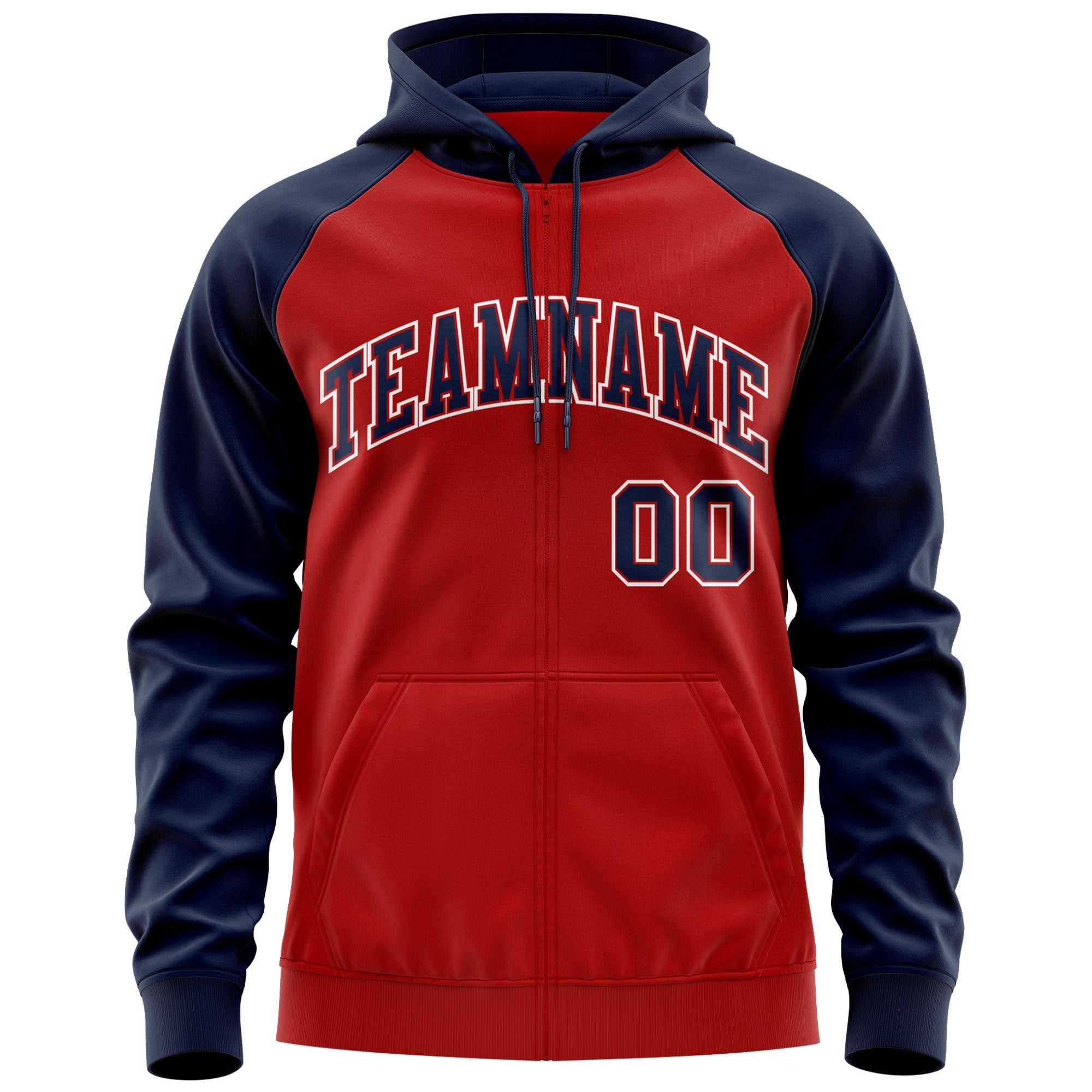 Custom Stitched Red Navy-White Raglan Sleeves Sports Full-Zip Sweatshirt Hoodie