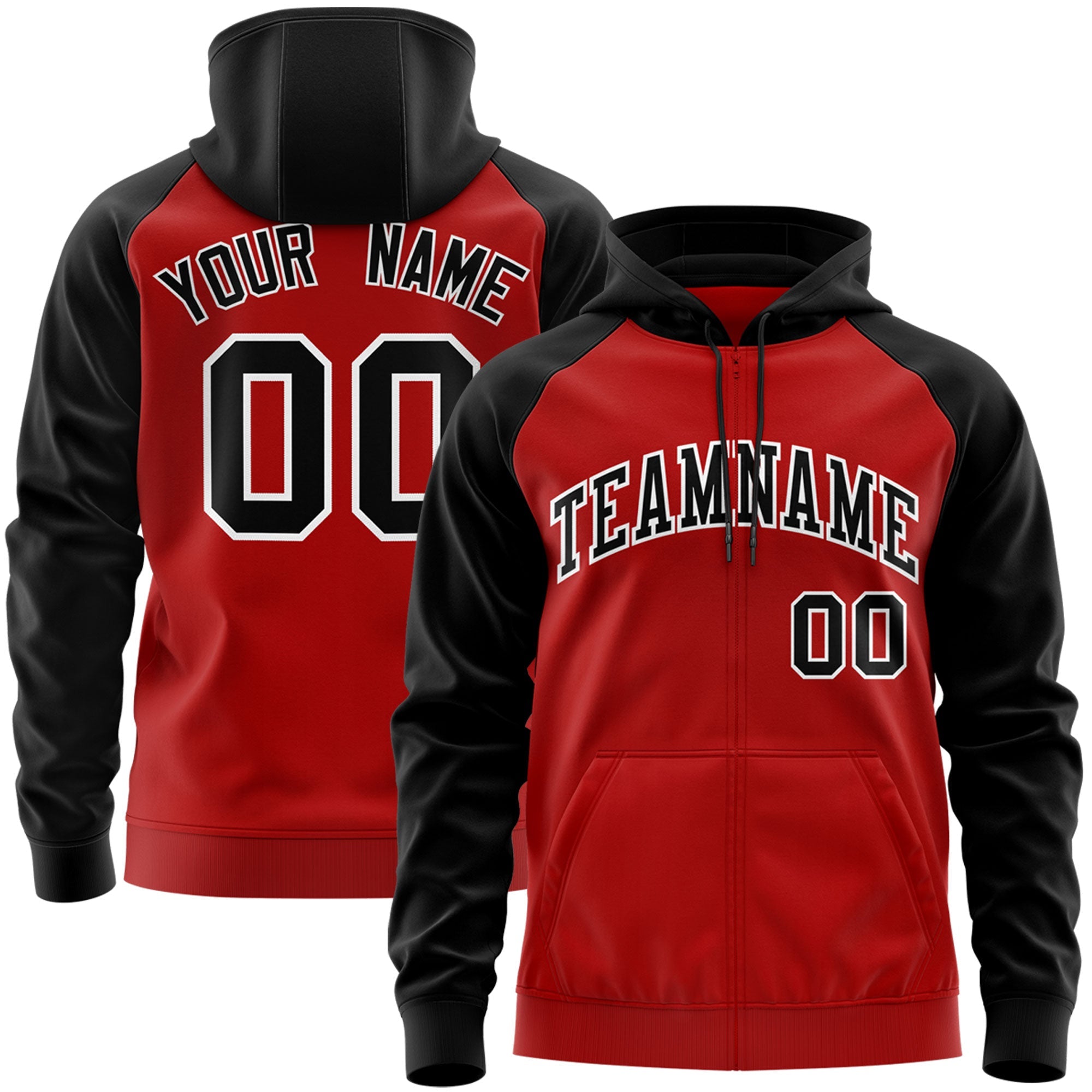 Custom Stitched Red Black-White Raglan Sleeves Sports Full-Zip Sweatshirt Hoodie