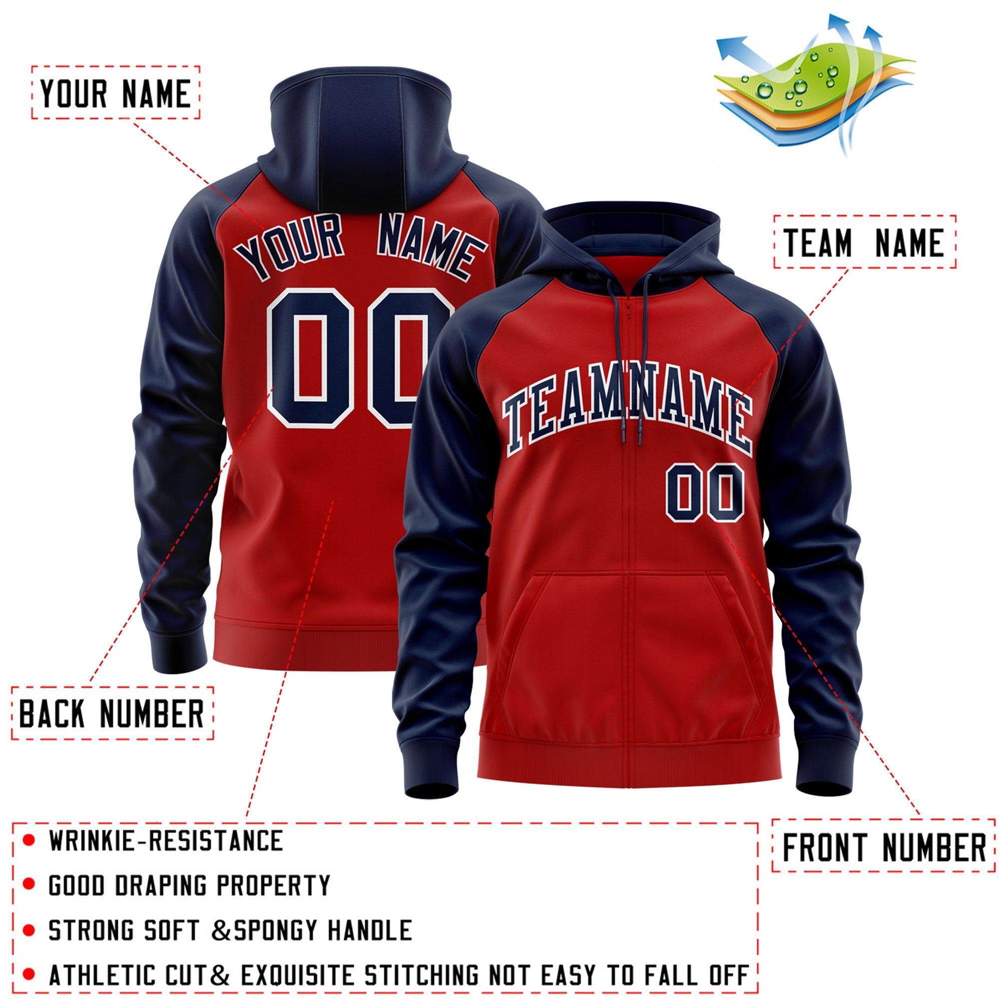 Custom Stitched Red Navy-White Raglan Sleeves Sports Full-Zip Sweatshirt Hoodie