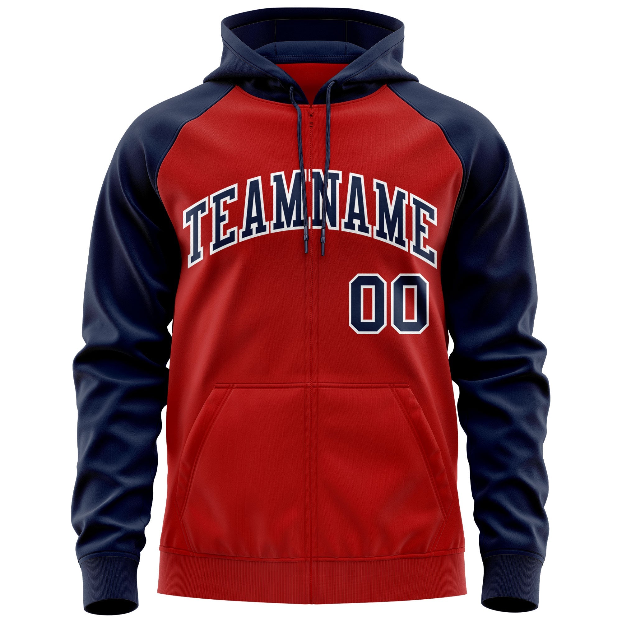 Custom Stitched Red Navy-White Raglan Sleeves Sports Full-Zip Sweatshirt Hoodie