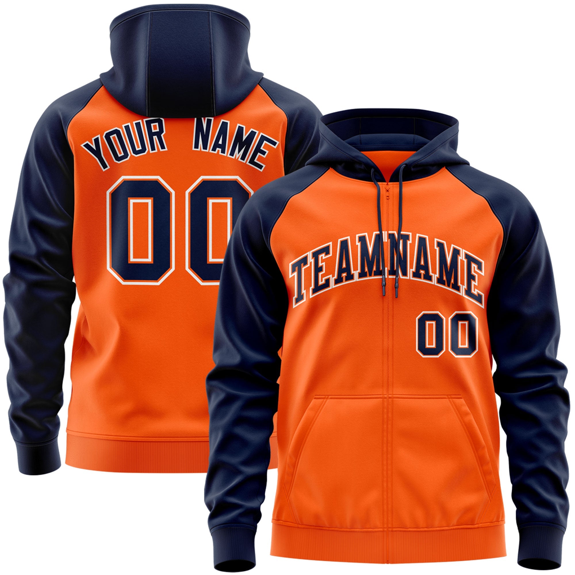 Custom Stitched Orange Navy-White Raglan Sleeves Sports Full-Zip Sweatshirt Hoodie