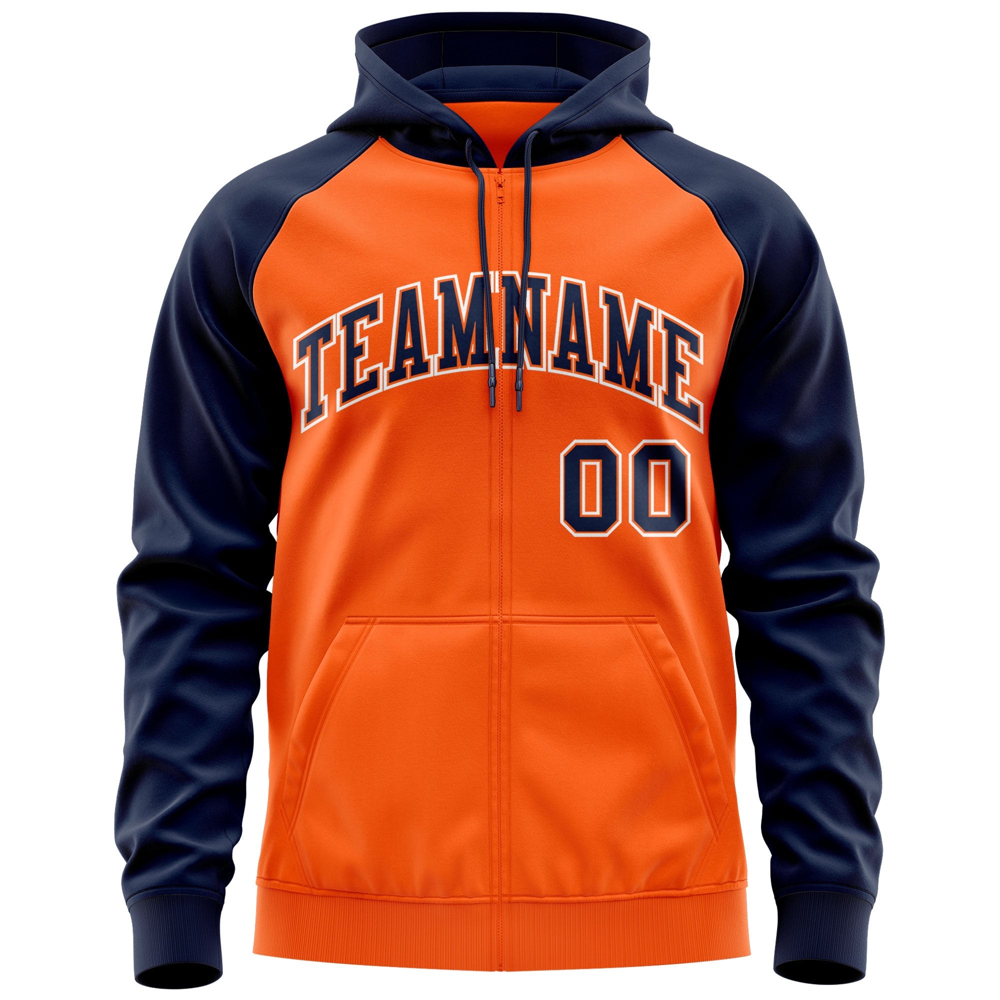 Custom Stitched Orange Navy-White Raglan Sleeves Sports Full-Zip Sweatshirt Hoodie