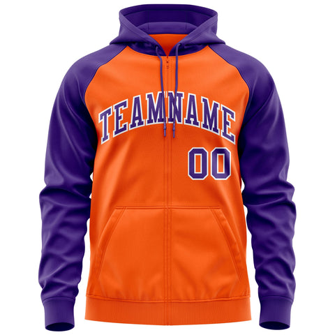 Custom Stitched Orange Purple-White Raglan Sleeves Sports Full-Zip Sweatshirt Hoodie