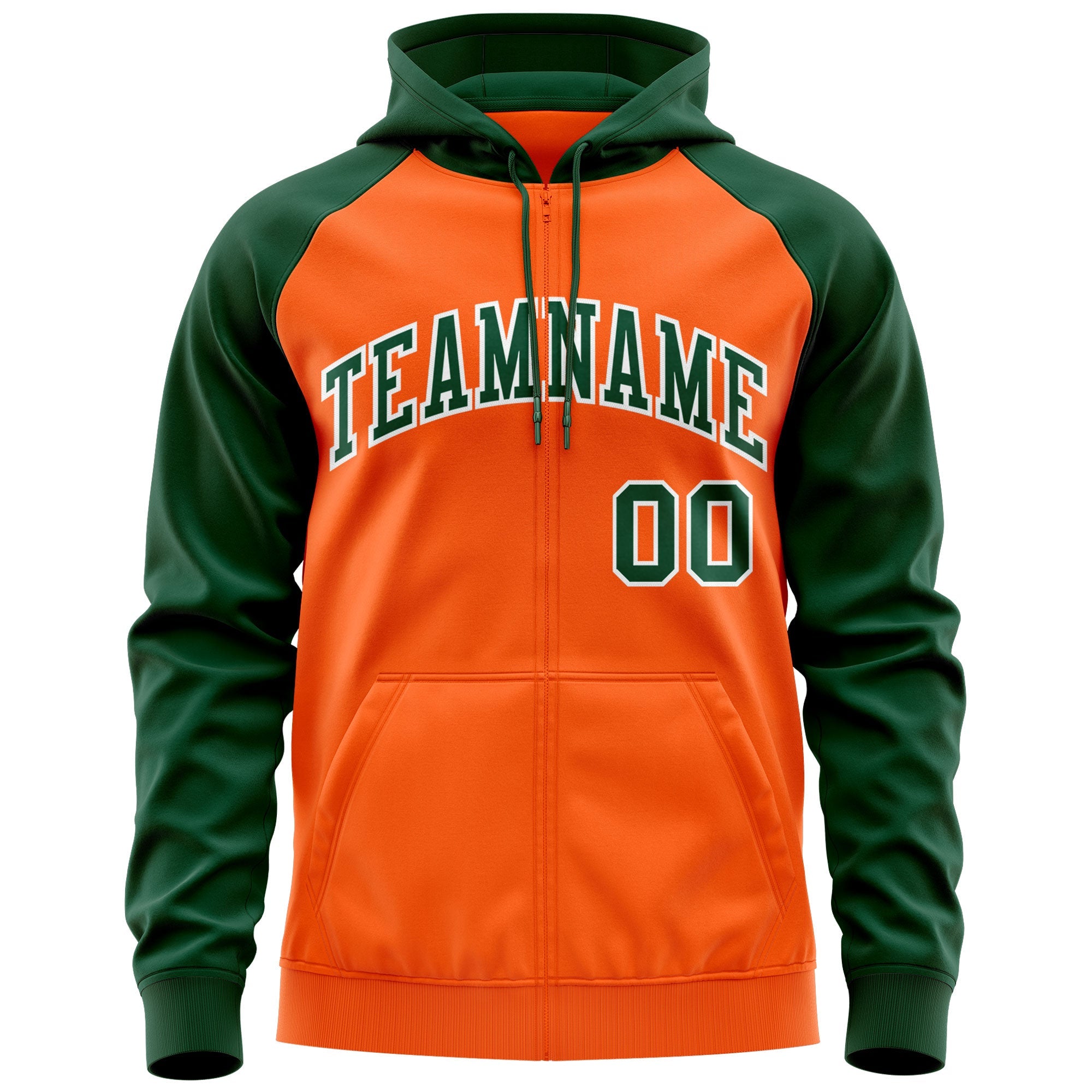 Custom Stitched Orange Green-White Raglan Sleeves Sports Full-Zip Sweatshirt Hoodie