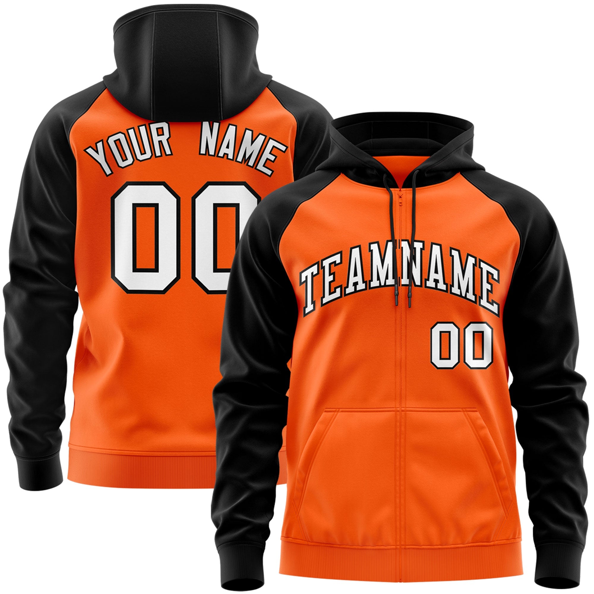 Custom Stitched Orange White-Black Raglan Sleeves Sports Full-Zip Sweatshirt Hoodie