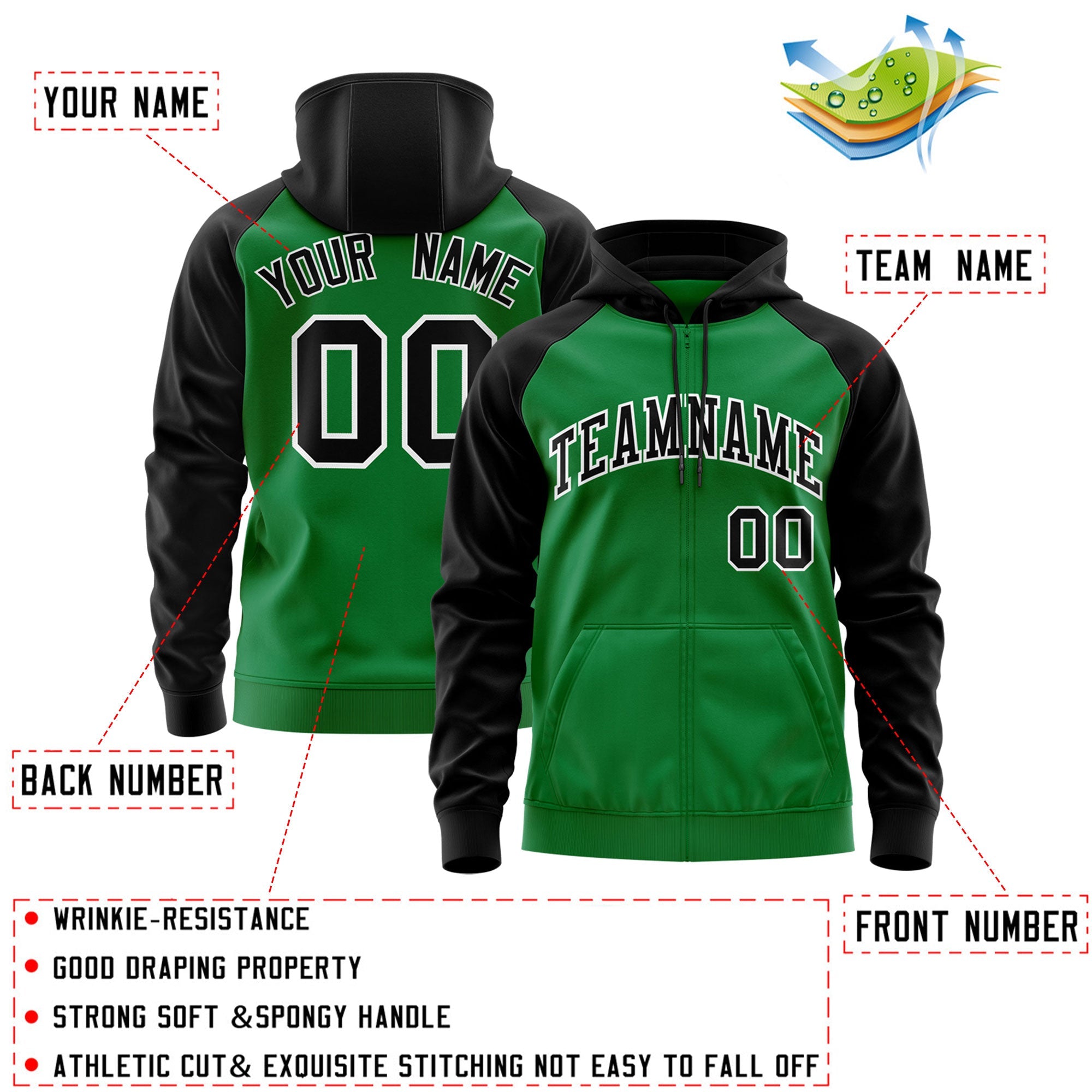 Custom Stitched Kelly Green Black-White Raglan Sleeves Sports Full-Zip Sweatshirt Hoodie