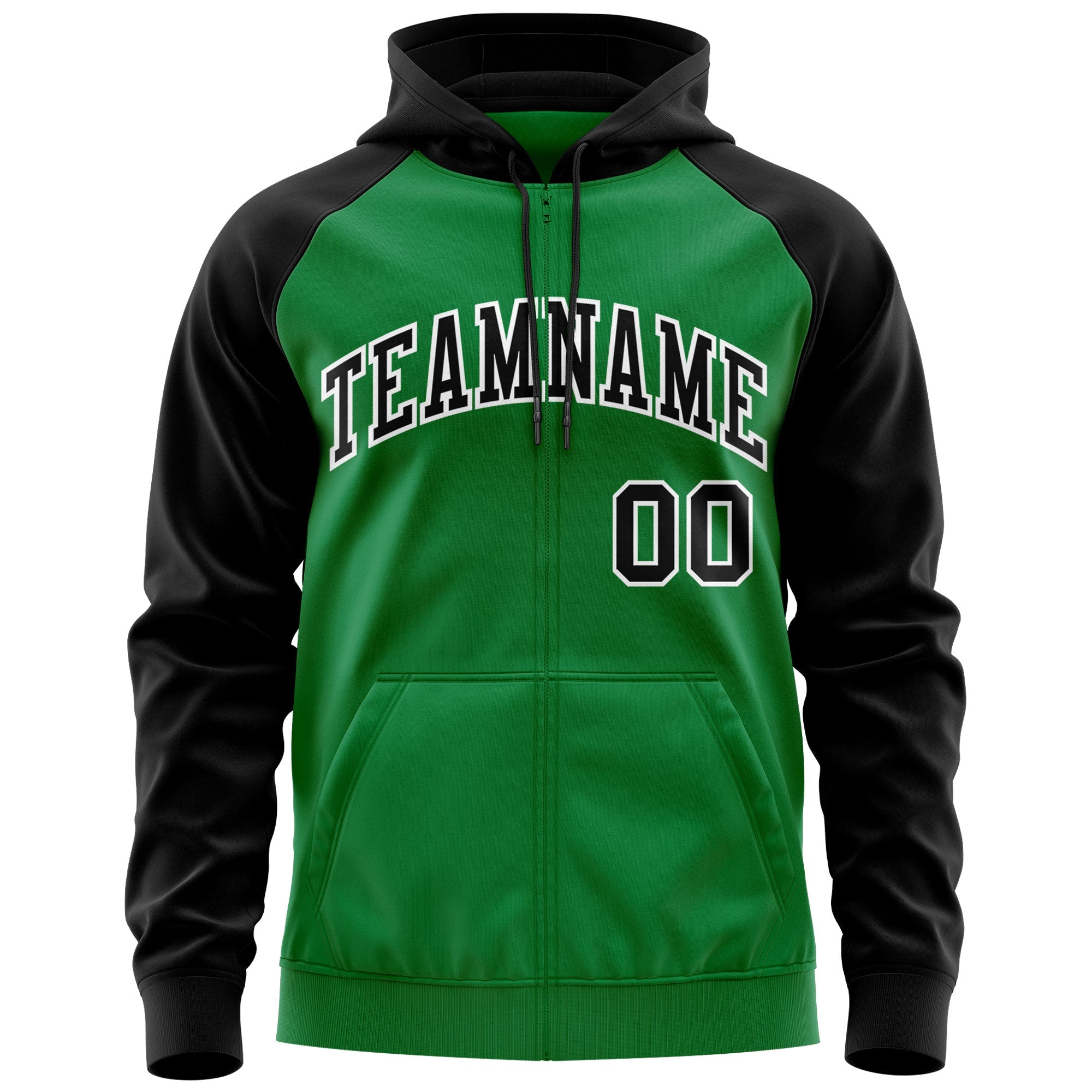 Custom Stitched Kelly Green Black-White Raglan Sleeves Sports Full-Zip Sweatshirt Hoodie