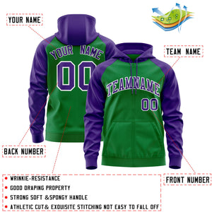 Custom Stitched Kelly Green Purple-White Raglan Sleeves Sports Full-Zip Sweatshirt Hoodie