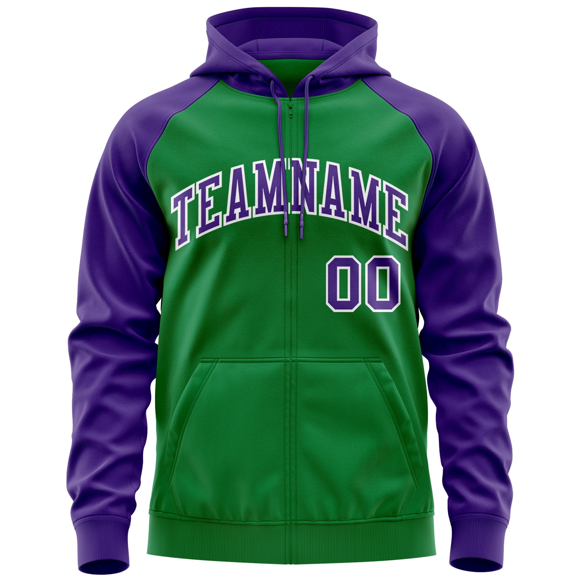 Custom Stitched Kelly Green Purple-White Raglan Sleeves Sports Full-Zip Sweatshirt Hoodie