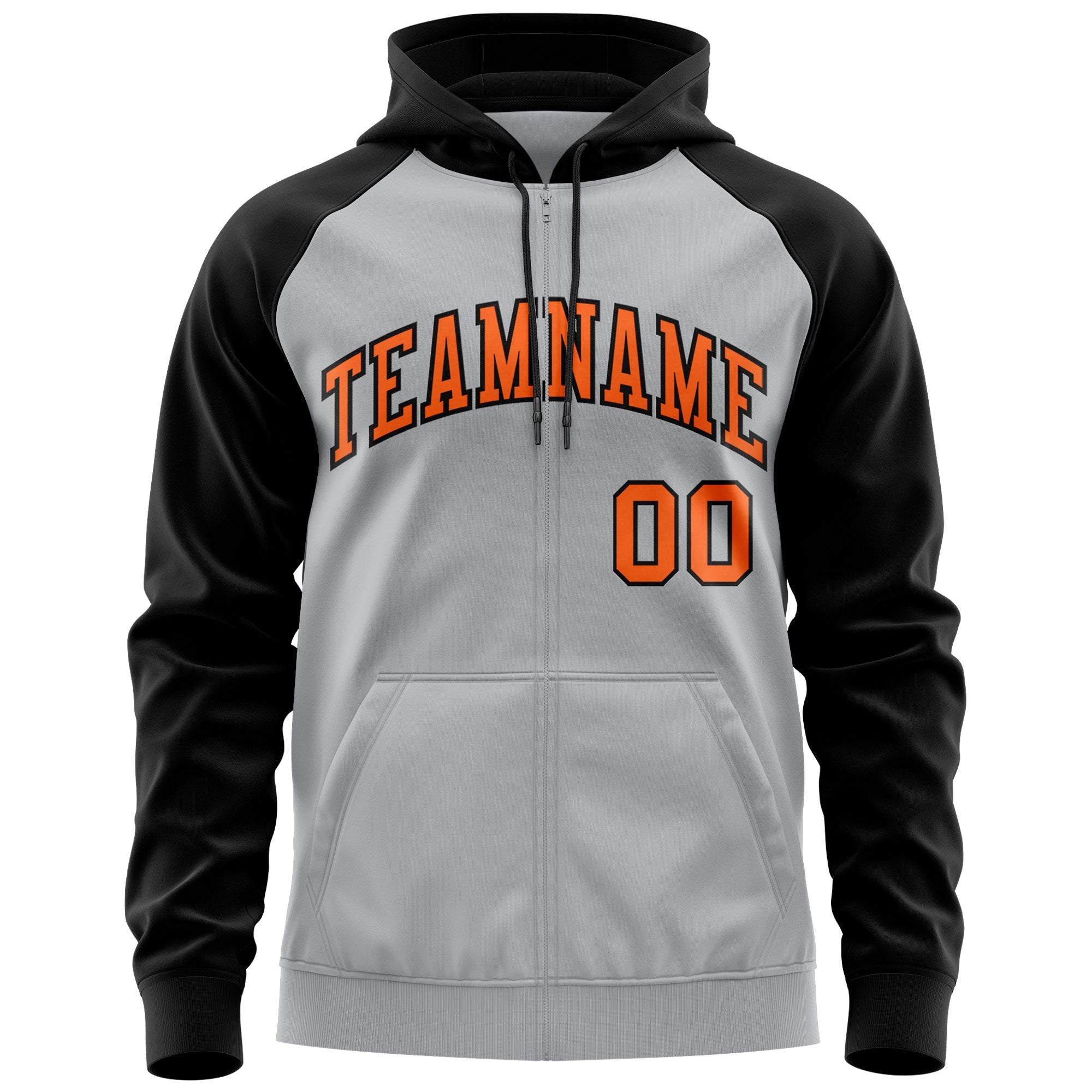 Custom Stitched Gray Orange-Black Raglan Sleeves Sports Full-Zip Sweatshirt Hoodie