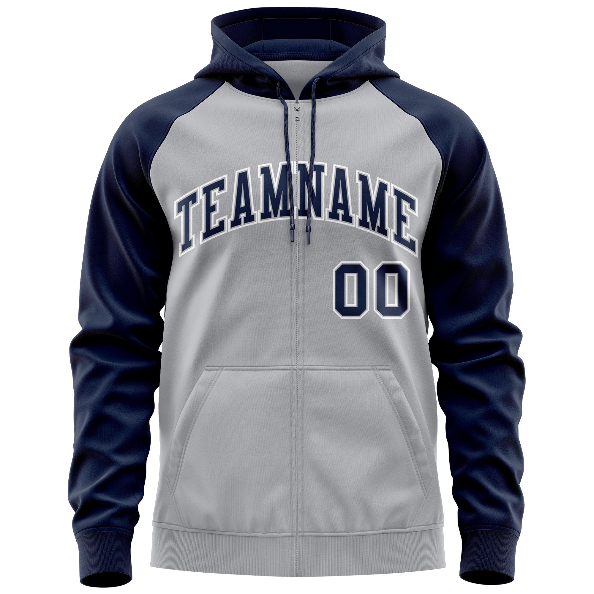 Custom Stitched Gray Navy-White Raglan Sleeves Sports Full-Zip Sweatshirt Hoodie