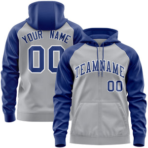 Custom Stitched Gray Royal-White Raglan Sleeves Sports Full-Zip Sweatshirt Hoodie