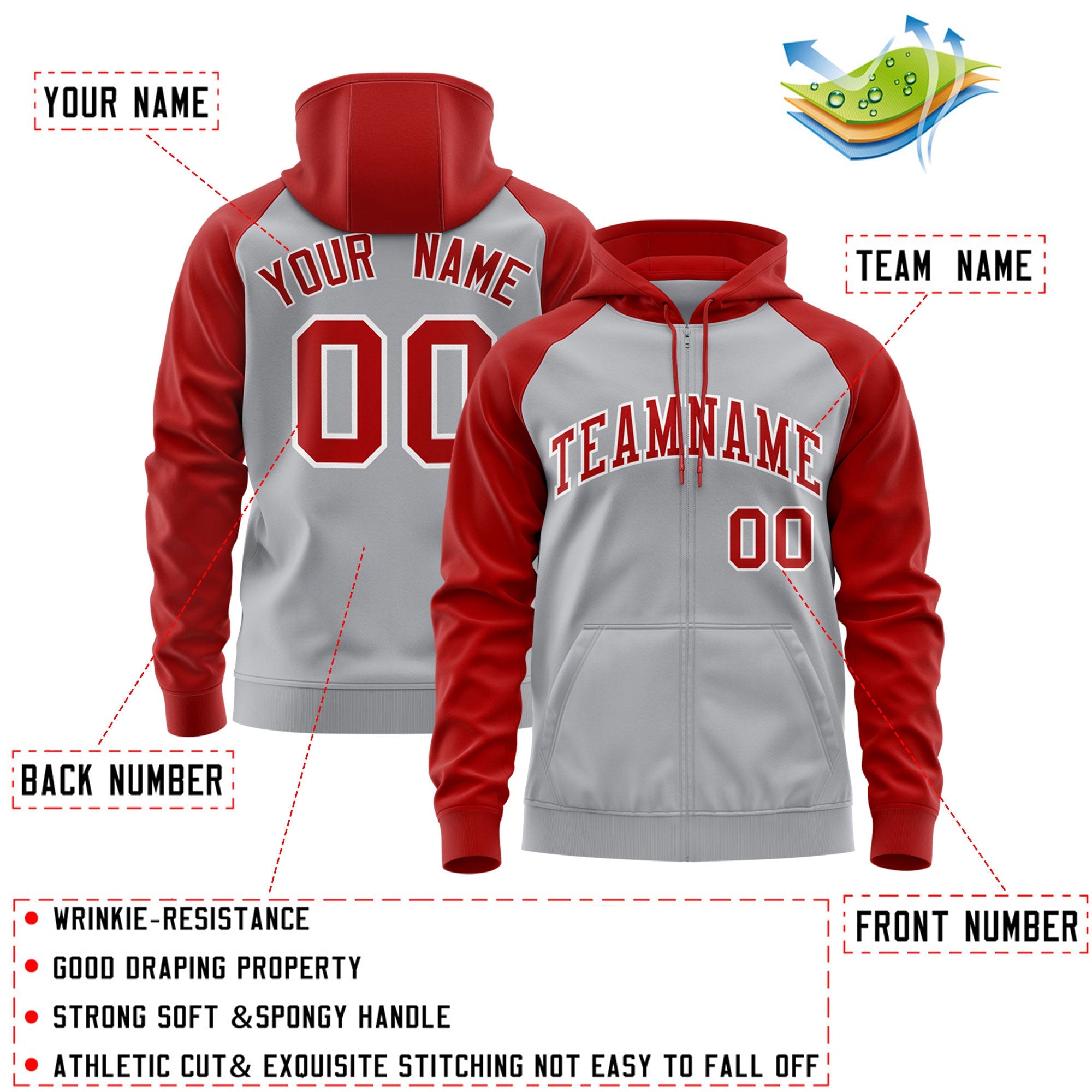 Custom Stitched Gray Red-White Raglan Sleeves Sports Full-Zip Sweatshirt Hoodie