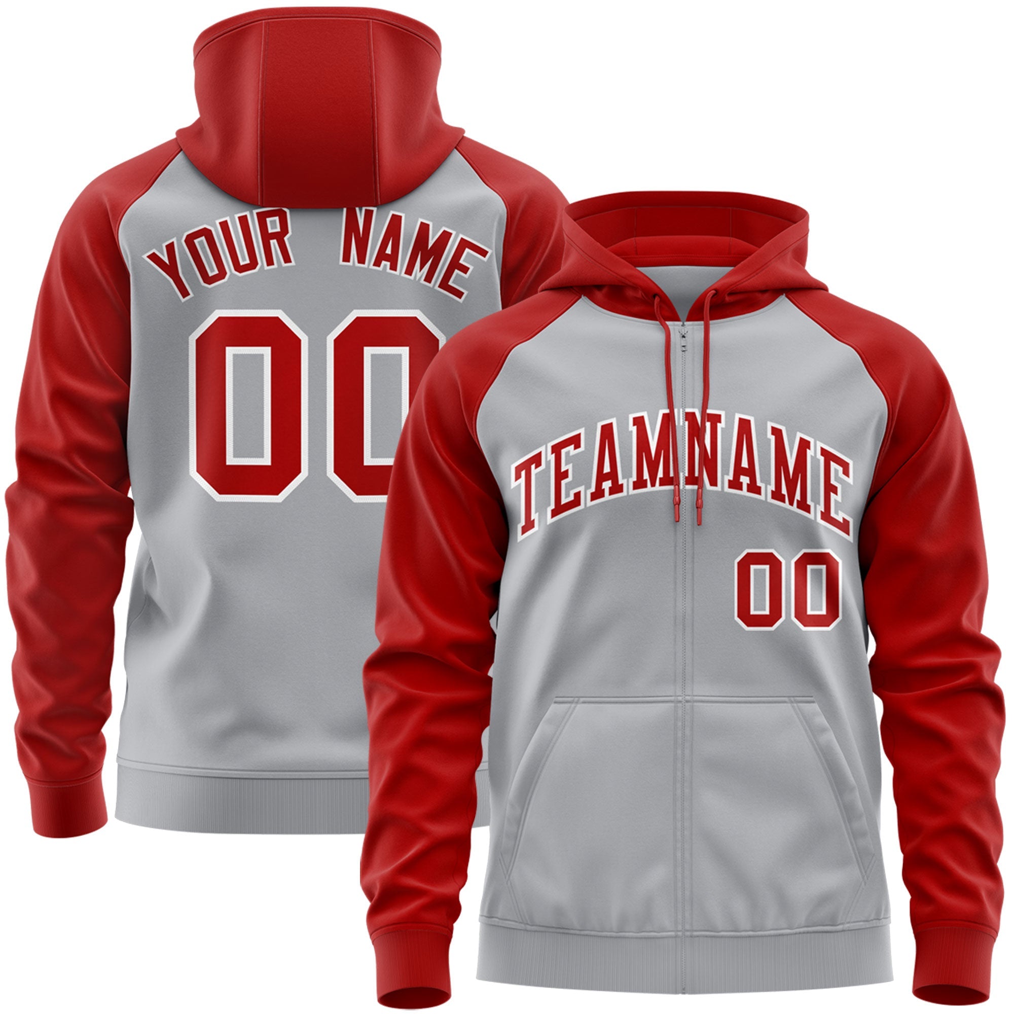 Custom Stitched Gray Red-White Raglan Sleeves Sports Full-Zip Sweatshirt Hoodie