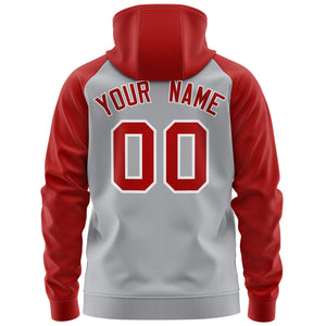 Custom Stitched Gray Red-White Raglan Sleeves Sports Full-Zip Sweatshirt Hoodie