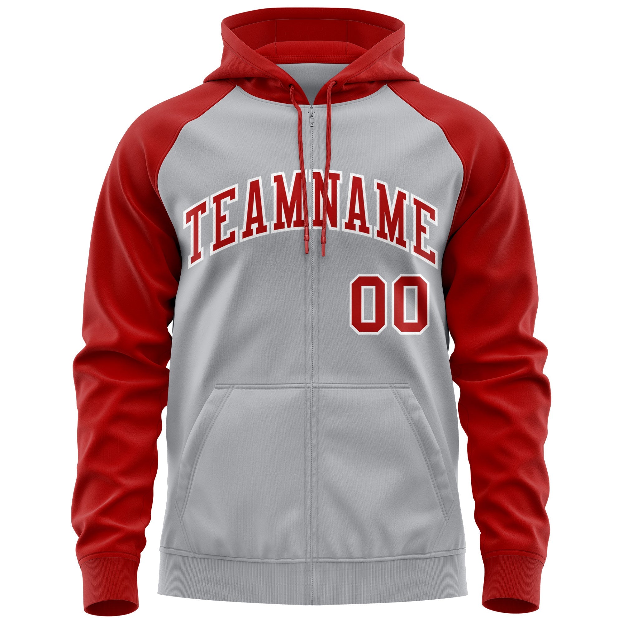 Custom Stitched Gray Red-White Raglan Sleeves Sports Full-Zip Sweatshirt Hoodie