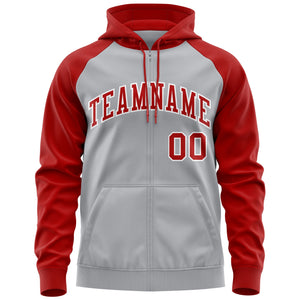 Custom Stitched Gray Red-White Raglan Sleeves Sports Full-Zip Sweatshirt Hoodie