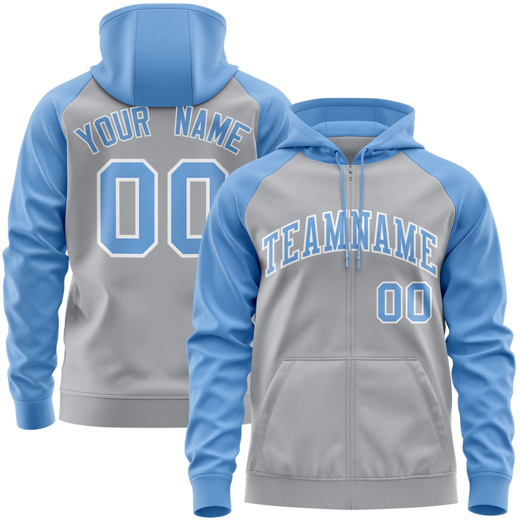 Custom Stitched Gray Light Blue-White Raglan Sleeves Sports Full-Zip Sweatshirt Hoodie